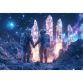 Surreal astronaut couple with glowing crystals for modern bedroom and office wall decor.