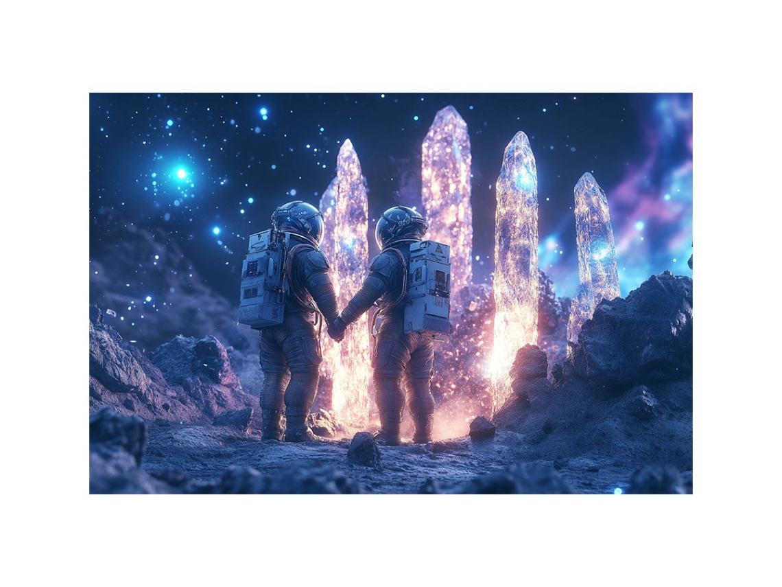 Surreal astronaut couple with glowing crystals for modern bedroom and office wall decor.