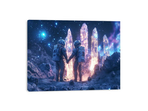 Surreal astronaut couple with glowing crystals for modern bedroom and office wall decor.