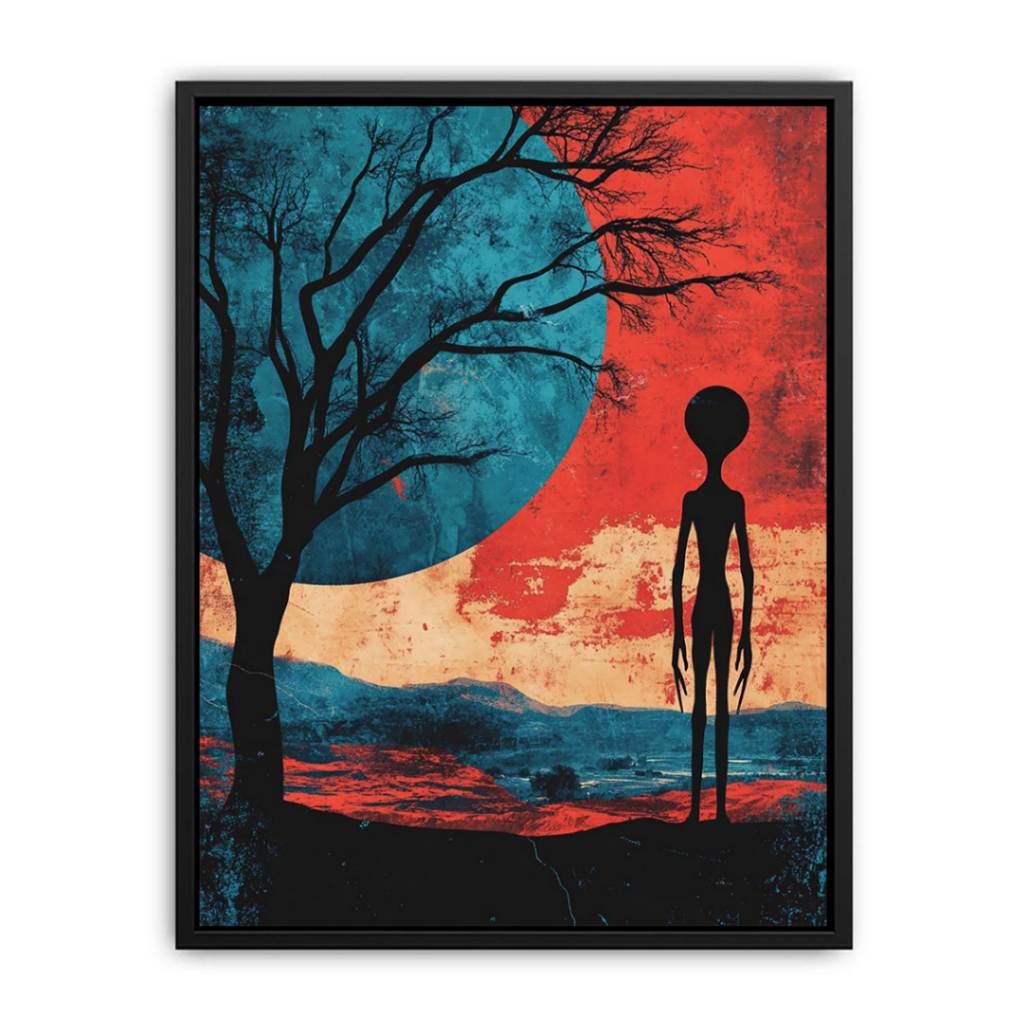 Surreal alien silhouette under red sky with teal moon for modern living room decor.