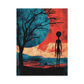 Surreal alien silhouette under red sky with teal moon for modern living room decor.