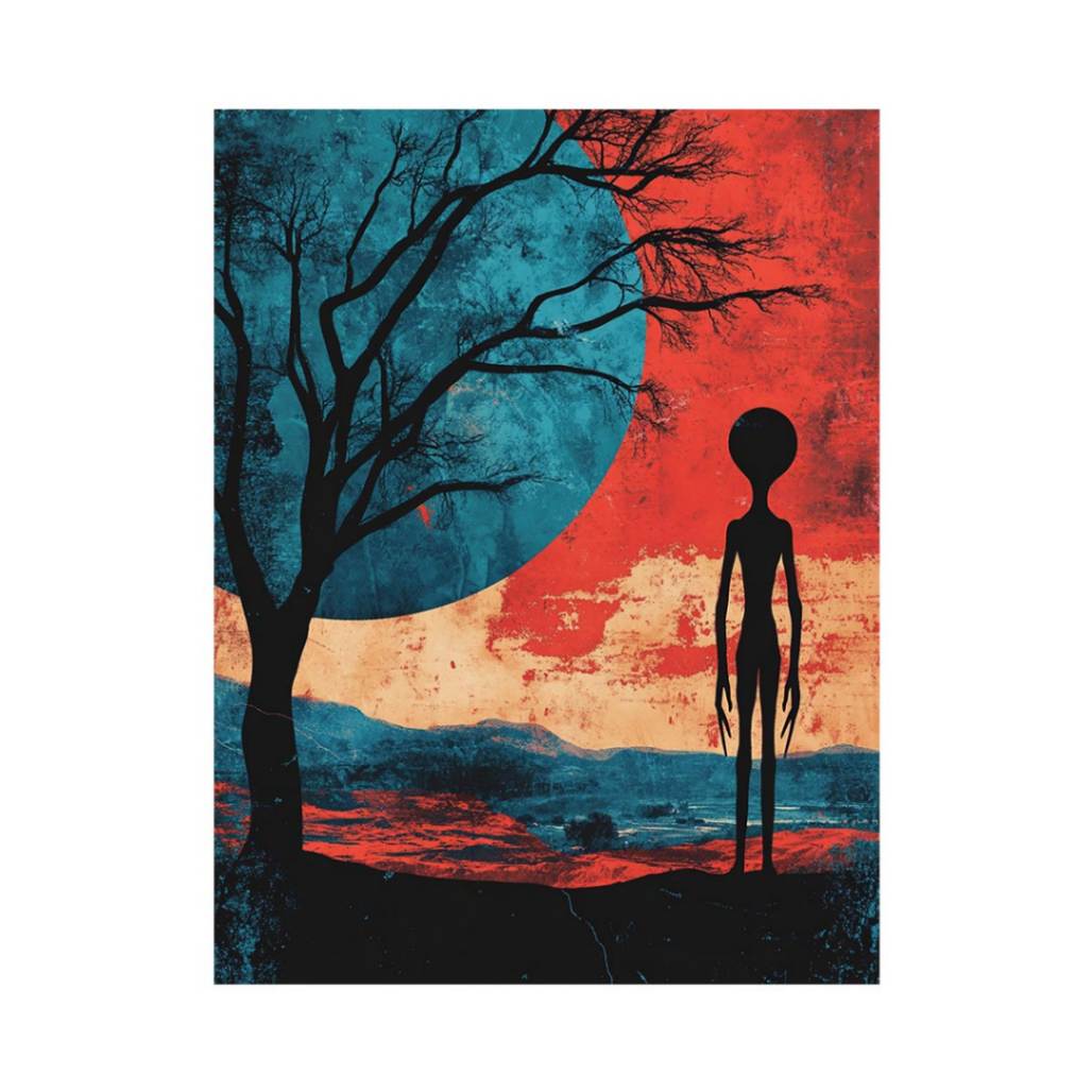 Surreal alien silhouette under red sky with teal moon for modern living room decor.