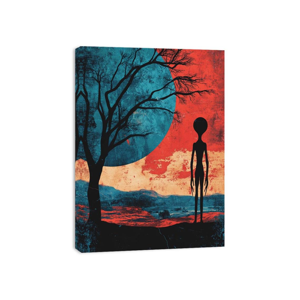 Surreal alien silhouette under red sky with teal moon for modern living room decor.
