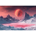 Red alien moon above snowy mountains and pink frozen lake for modern space wall art.
