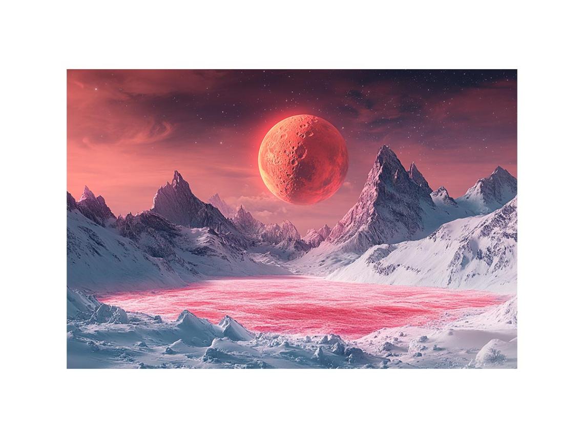 Red alien moon above snowy mountains and pink frozen lake for modern space wall art.