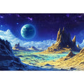 Vivid alien planet landscape with gold mountains and blue starry sky for modern decor.