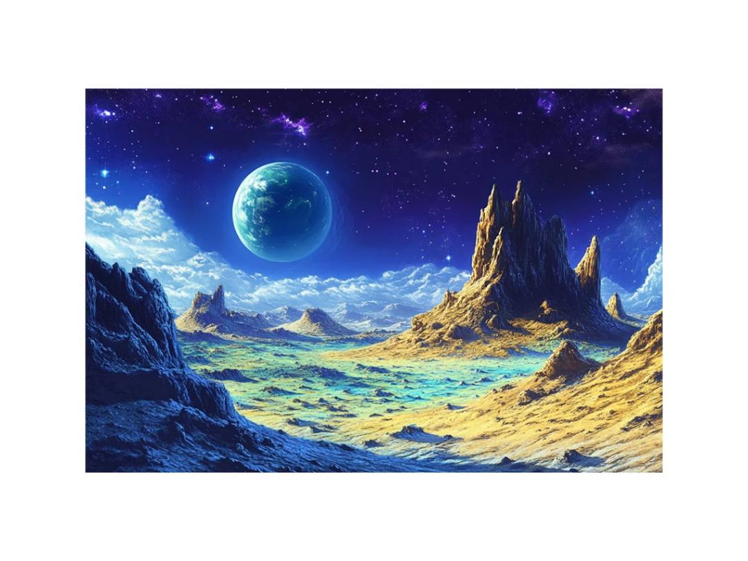 Vivid alien planet landscape with gold mountains and blue starry sky for modern decor.