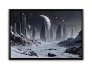 Frozen lunar city with tall futuristic towers and moons for modern sci-fi wall decor.