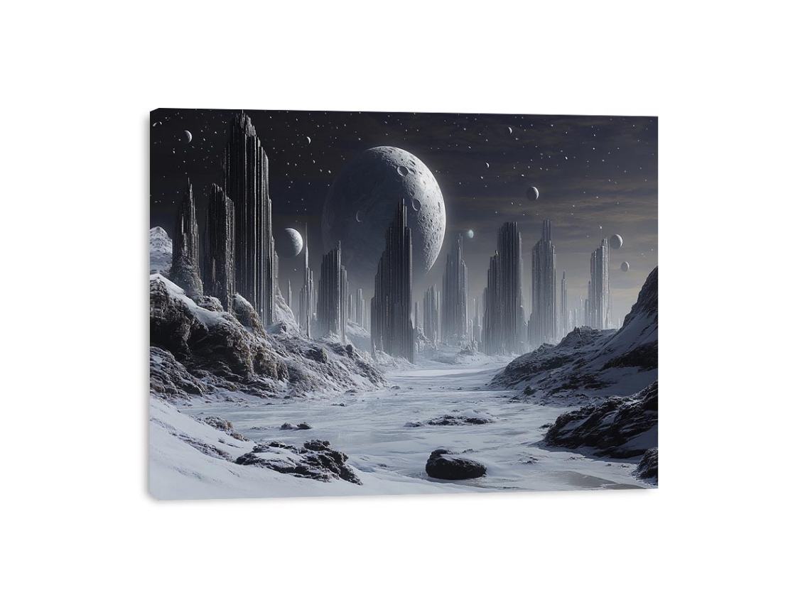 Frozen lunar city with tall futuristic towers and moons for modern sci-fi wall decor.