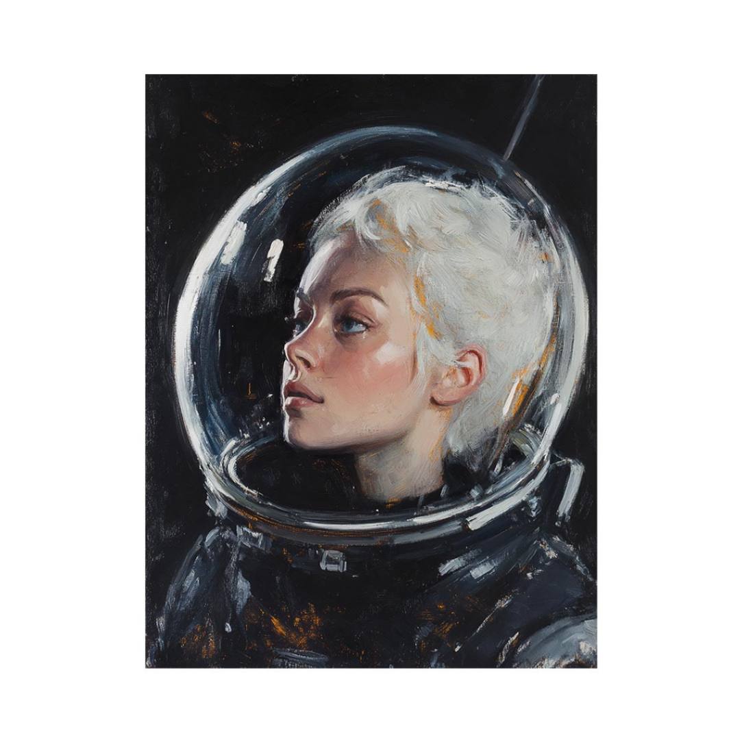 Painterly female astronaut portrait in helmet for elegant modern office or bedroom decor.