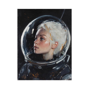 Painterly female astronaut portrait in helmet for elegant modern office or bedroom decor.