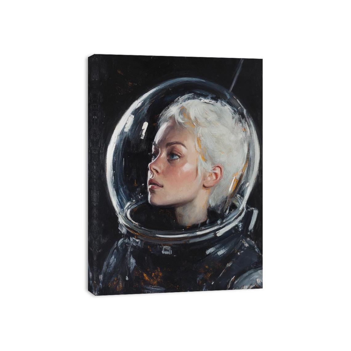 Painterly female astronaut portrait in helmet for elegant modern office or bedroom decor.