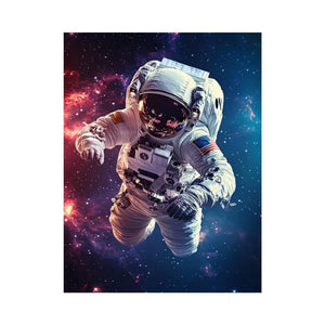 Astronaut floating in colorful nebula and stars for bold modern space wall art.