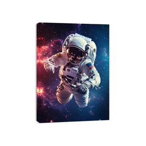 Astronaut floating in colorful nebula and stars for bold modern space wall art.