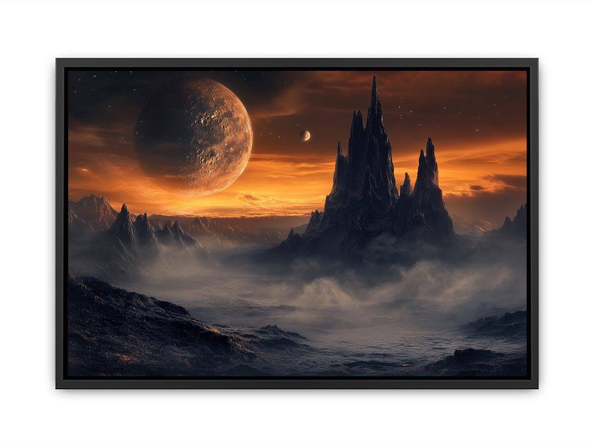 Moody alien mountains with giant orange planet and mist for dramatic living room wall art.