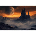 Moody alien mountains with giant orange planet and mist for dramatic living room wall art.