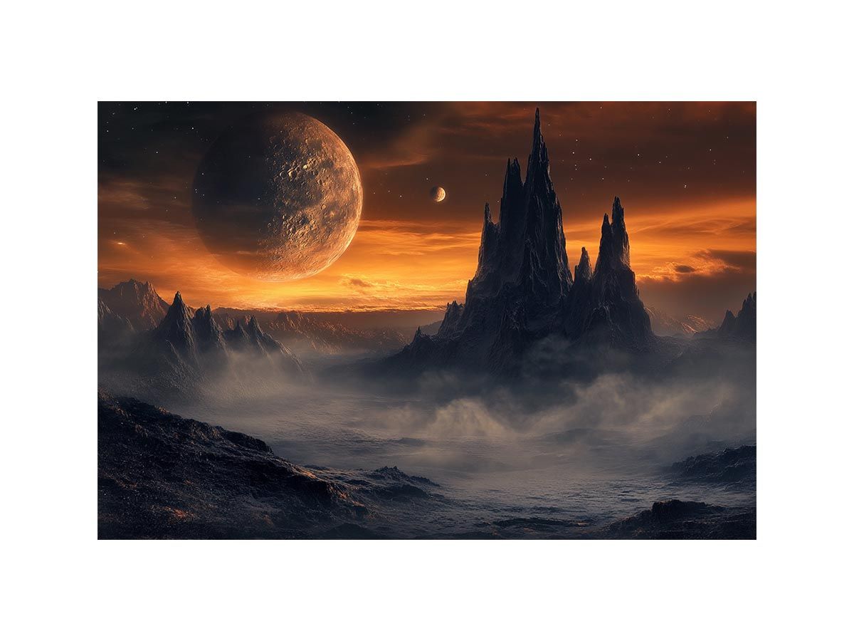 Moody alien mountains with giant orange planet and mist for dramatic living room wall art.