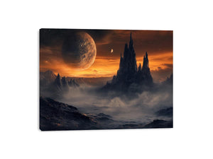 Moody alien mountains with giant orange planet and mist for dramatic living room wall art.