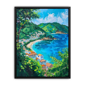 Mediterranean coastal village with blue bay and green trees for bright living room decor.
