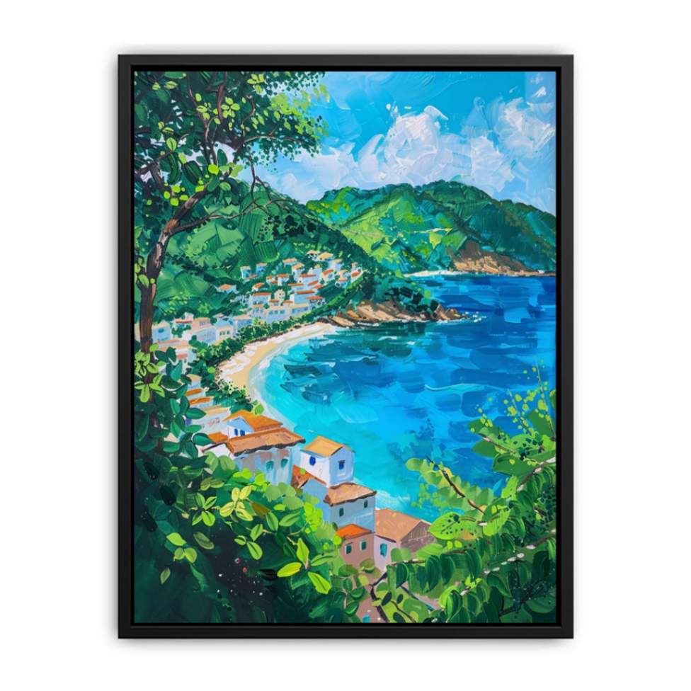 Mediterranean coastal village with blue bay and green trees for bright living room decor.