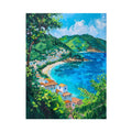 Mediterranean coastal village with blue bay and green trees for bright living room decor.