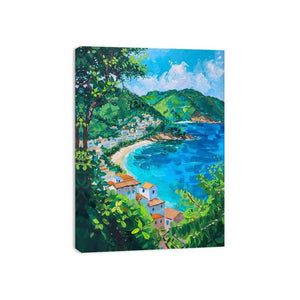 Mediterranean coastal village with blue bay and green trees for bright living room decor.
