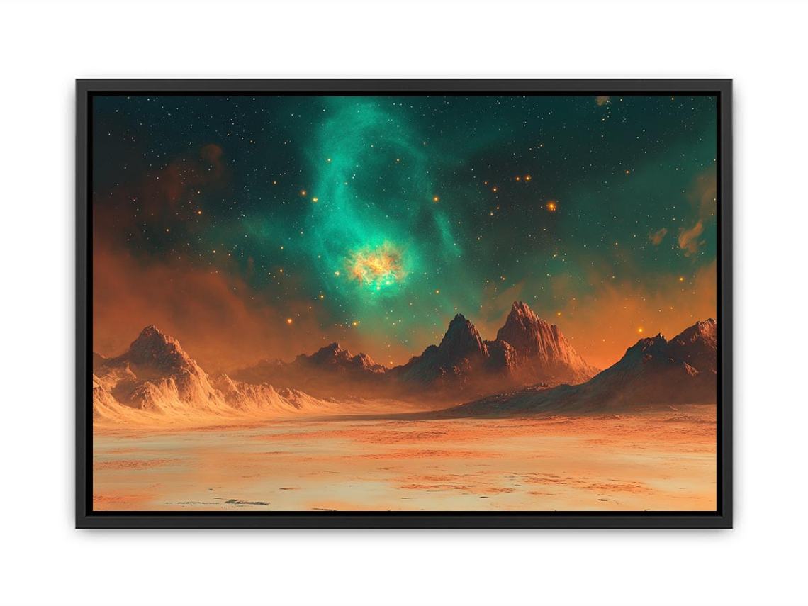 Teal nebula over orange alien mountains and desert for wide modern space wall art.