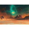 Teal nebula over orange alien mountains and desert for wide modern space wall art.