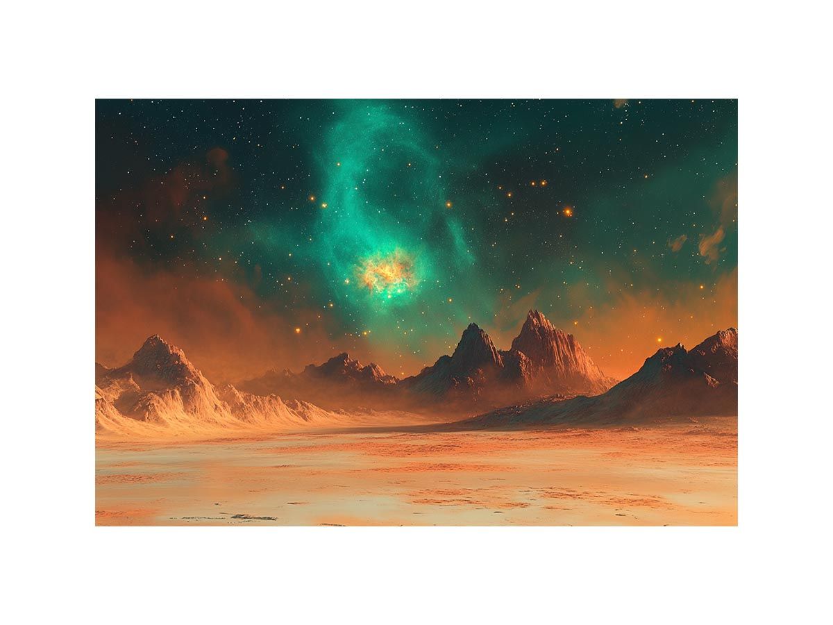 Teal nebula over orange alien mountains and desert for wide modern space wall art.