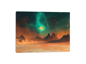 Teal nebula over orange alien mountains and desert for wide modern space wall art.