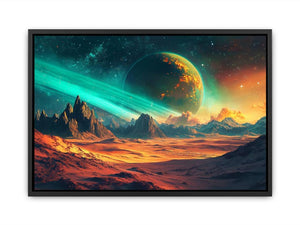 Alien ringed planet over orange desert mountains for bold sci-fi living room wall art.