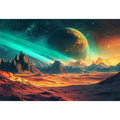 Alien ringed planet over orange desert mountains for bold sci-fi living room wall art.