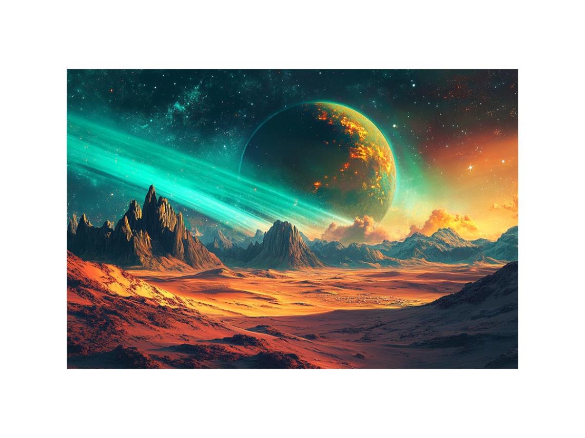 Alien ringed planet over orange desert mountains for bold sci-fi living room wall art.