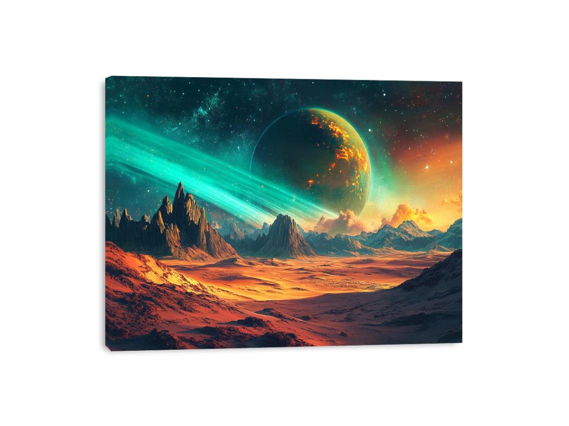 Alien ringed planet over orange desert mountains for bold sci-fi living room wall art.