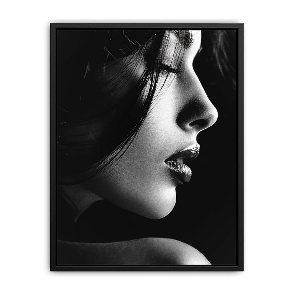 Black and white woman profile portrait with dramatic light for luxury bedroom wall art.