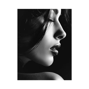 Black and white woman profile portrait with dramatic light for luxury bedroom wall art.