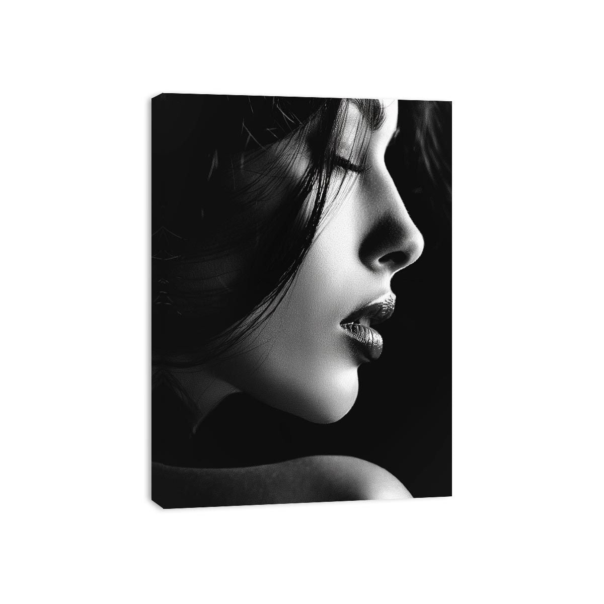 Black and white woman profile portrait with dramatic light for luxury bedroom wall art.