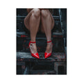Fashion portrait canvas art with red heels and industrial stairs for bold bedroom decor.