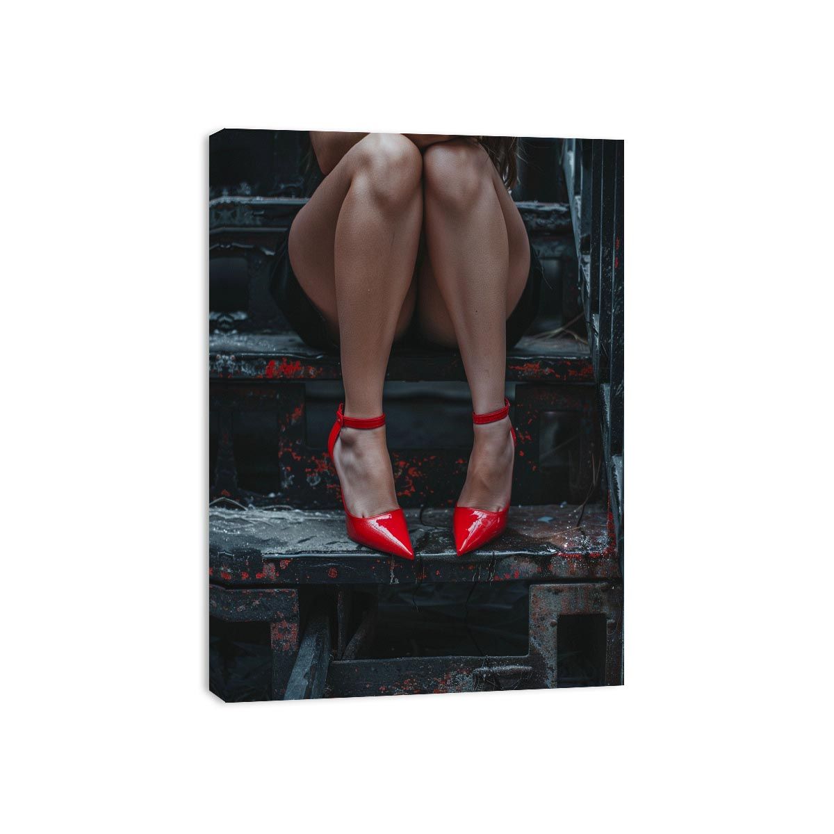 Fashion portrait canvas art with red heels and industrial stairs for bold bedroom decor.