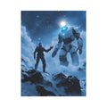 Sci-fi robot and explorer canvas art in snowy mountains for modern office decor.