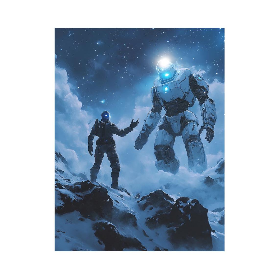 Sci-fi robot and explorer canvas art in snowy mountains for modern office decor.