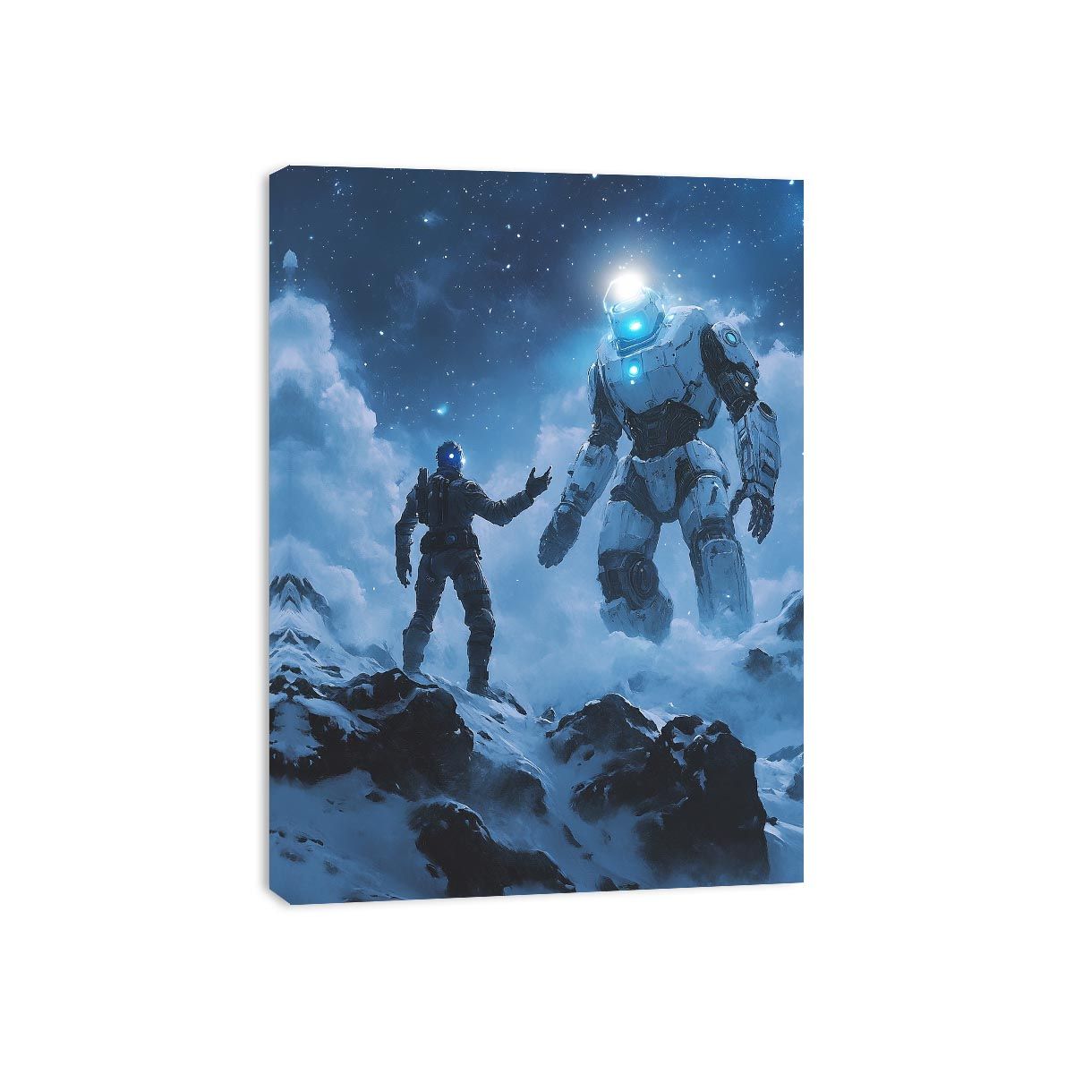 Sci-fi robot and explorer canvas art in snowy mountains for modern office decor.