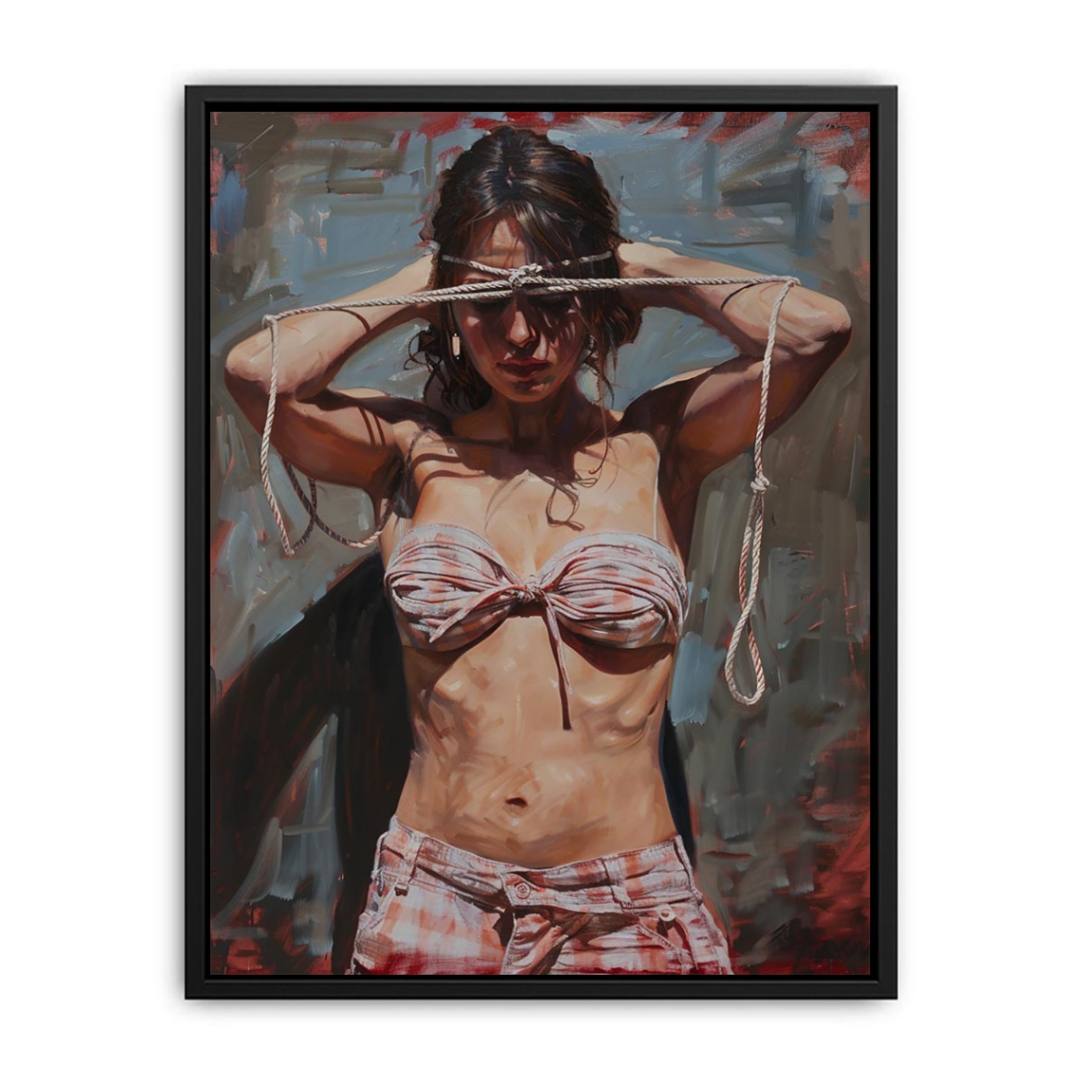 Expressive woman portrait canvas art with rope detail for dramatic bedroom decor.