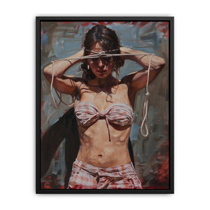 Expressive woman portrait canvas art with rope detail for dramatic bedroom decor.