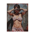 Expressive woman portrait canvas art with rope detail for dramatic bedroom decor.