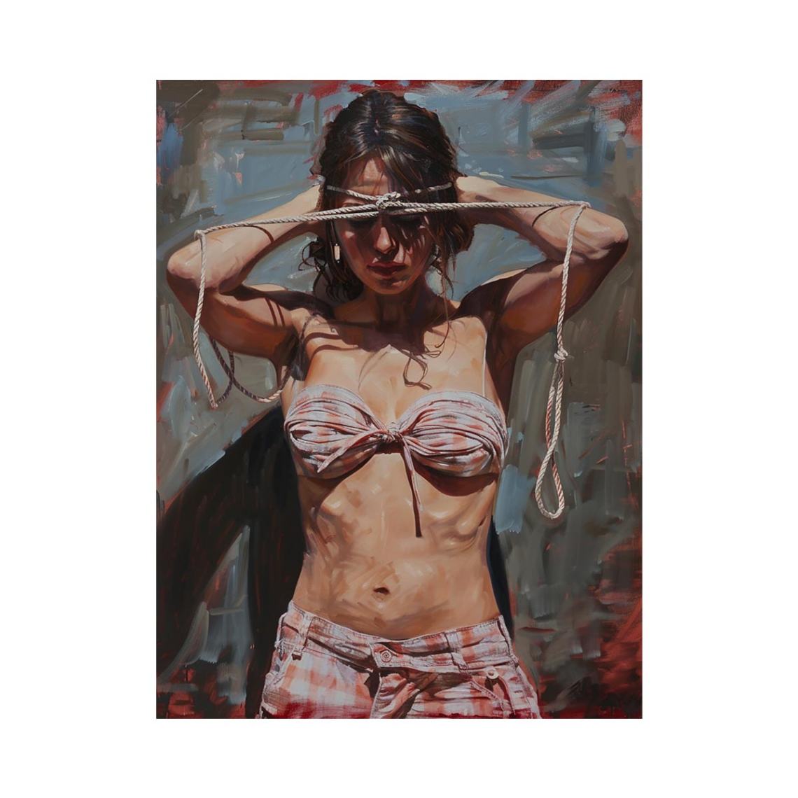 Expressive woman portrait canvas art with rope detail for dramatic bedroom decor.
