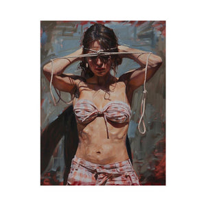 Expressive woman portrait canvas art with rope detail for dramatic bedroom decor.