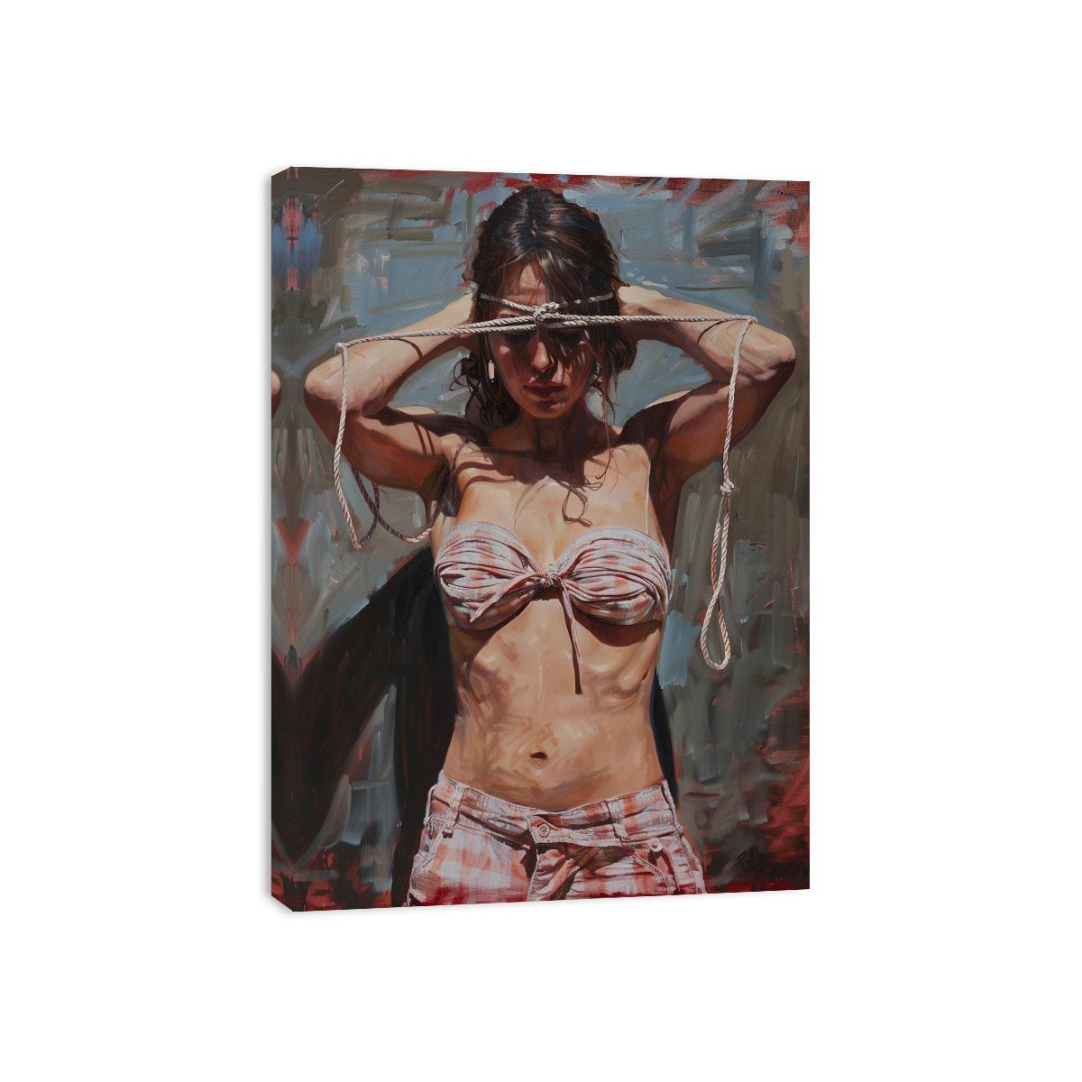 Expressive woman portrait canvas art with rope detail for dramatic bedroom decor.