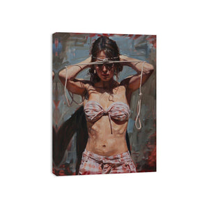 Expressive woman portrait canvas art with rope detail for dramatic bedroom decor.