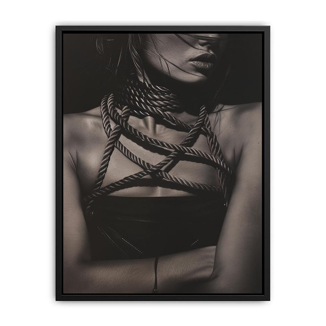 Black and white fashion portrait canvas with rope detail for luxury bedroom decor.